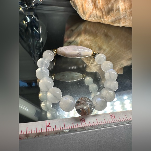 MOONSTONE + DENDRITIC AGATE + PHANTOM NATURAL BRACELET SIZE 7” - Picture 13 of 15
